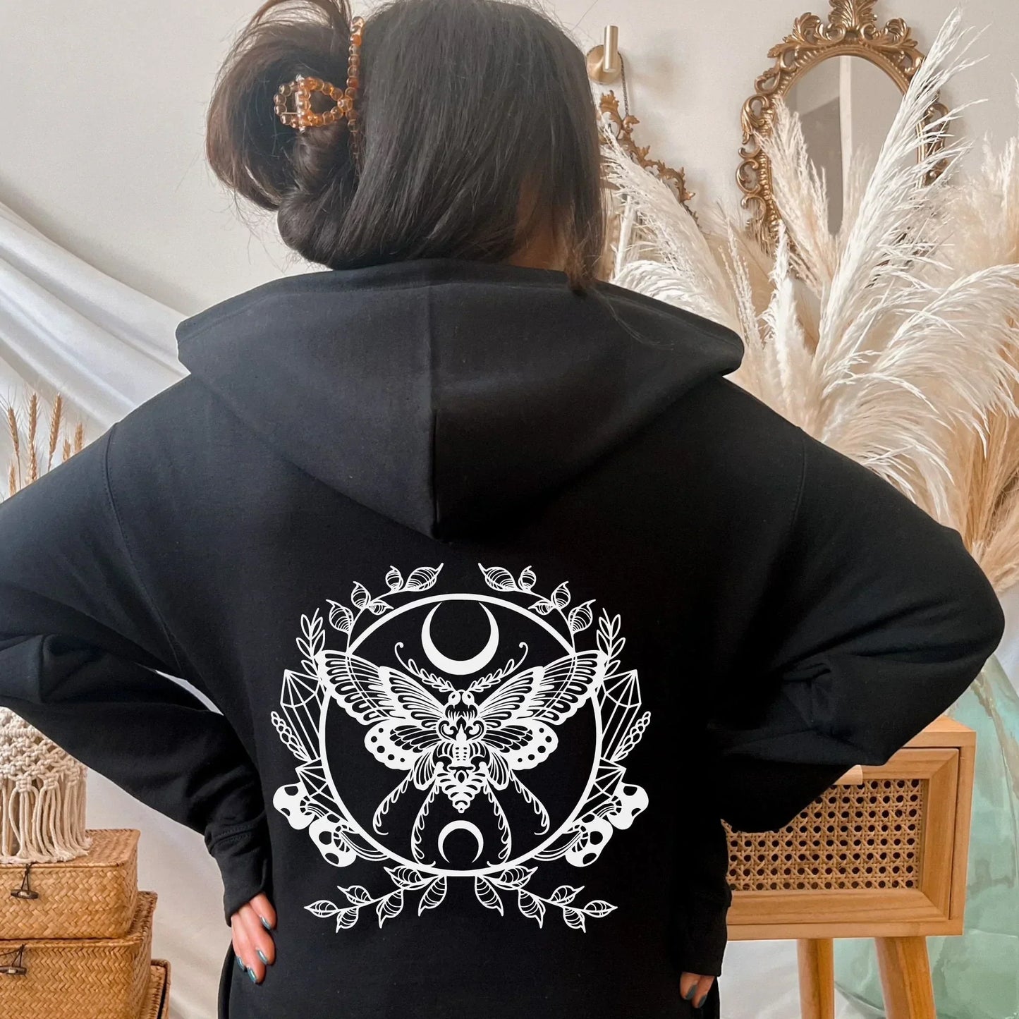 Luna Moth Zip Up Hoodie, Moon Phases Mystical Full Zip Hoodie, Witchy Aesthetic, Boho Gifts for Her, Hippie Apparel w/ Mushrooms & Crystals HMDesignStudioUS