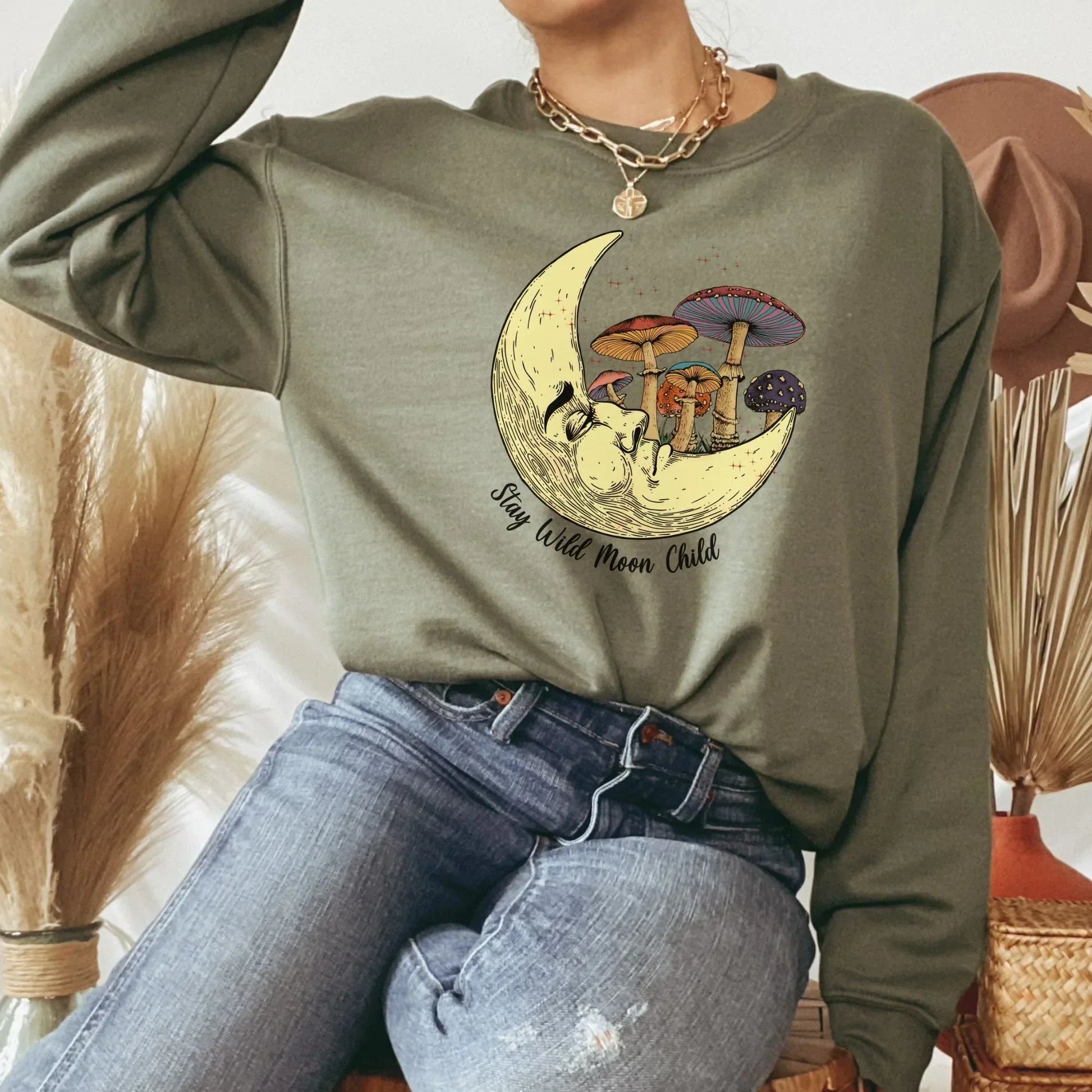 Moon Child Shirt, Magic Mushroom Sweater, Moon Sweatshirt, Celestial Shirt, Dark Academia, Goblincore Clothing, Pastel Goth Hoodie