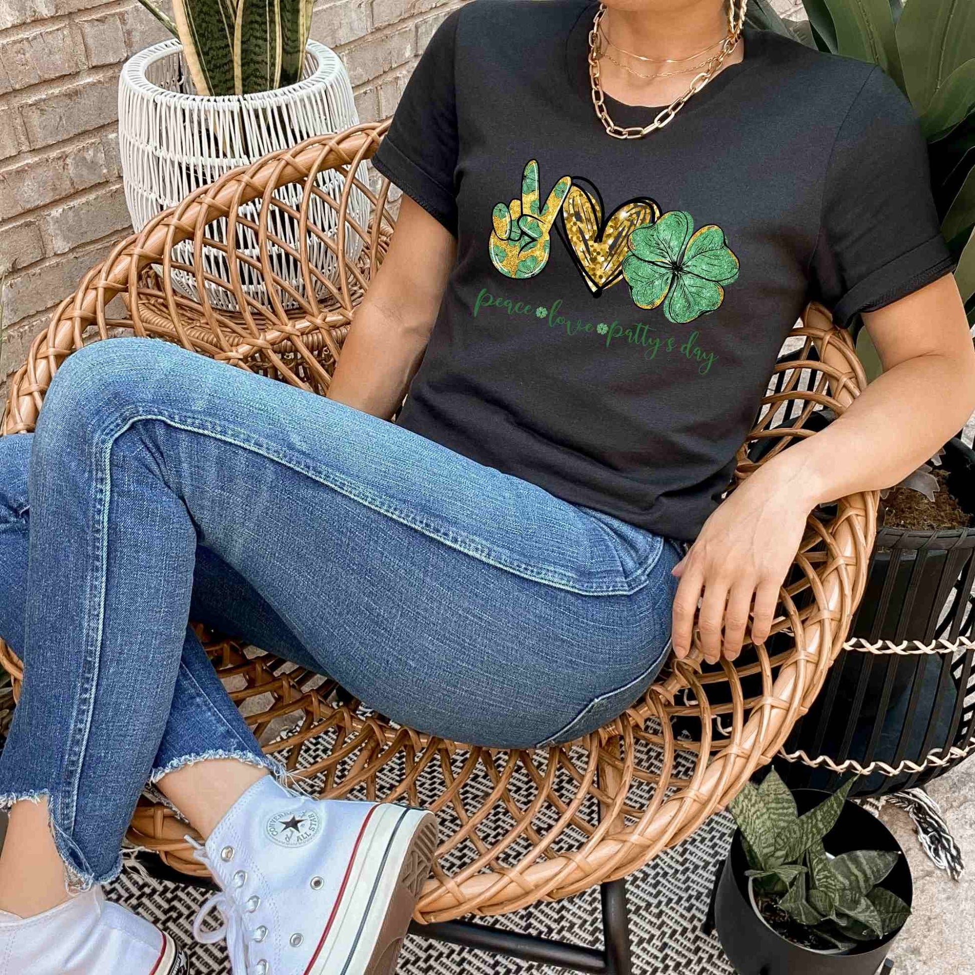 Peace Love and St. Patrick's Day Shirt for Women or Men, Shamrock Clover Shirt