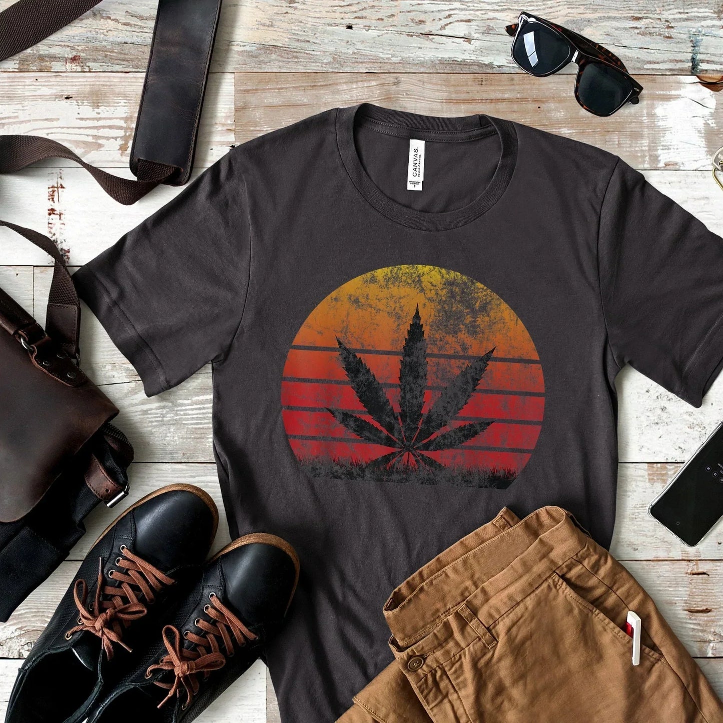 Retro Sun Weed Leaf Stoner Shirt HMDesignStudioUS