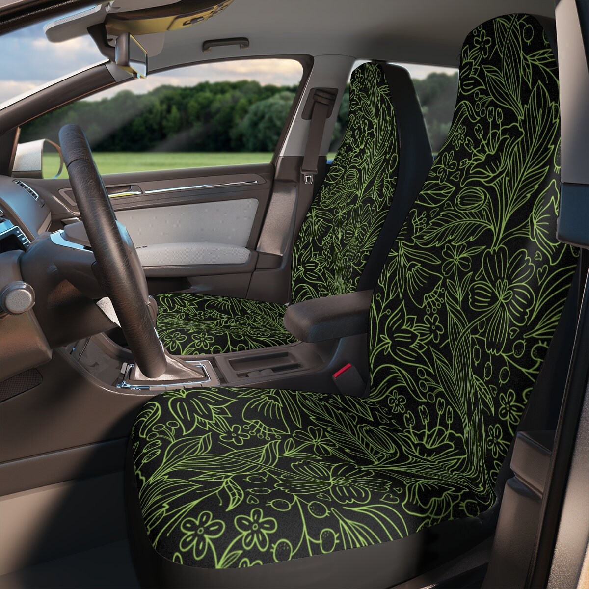 Sage Green Seat Covers for Cars, Boho Car Seat Cover, Car Accessories for Women, Hippie Car Decor, Cottagecore Floral Universal Vehicle Mat