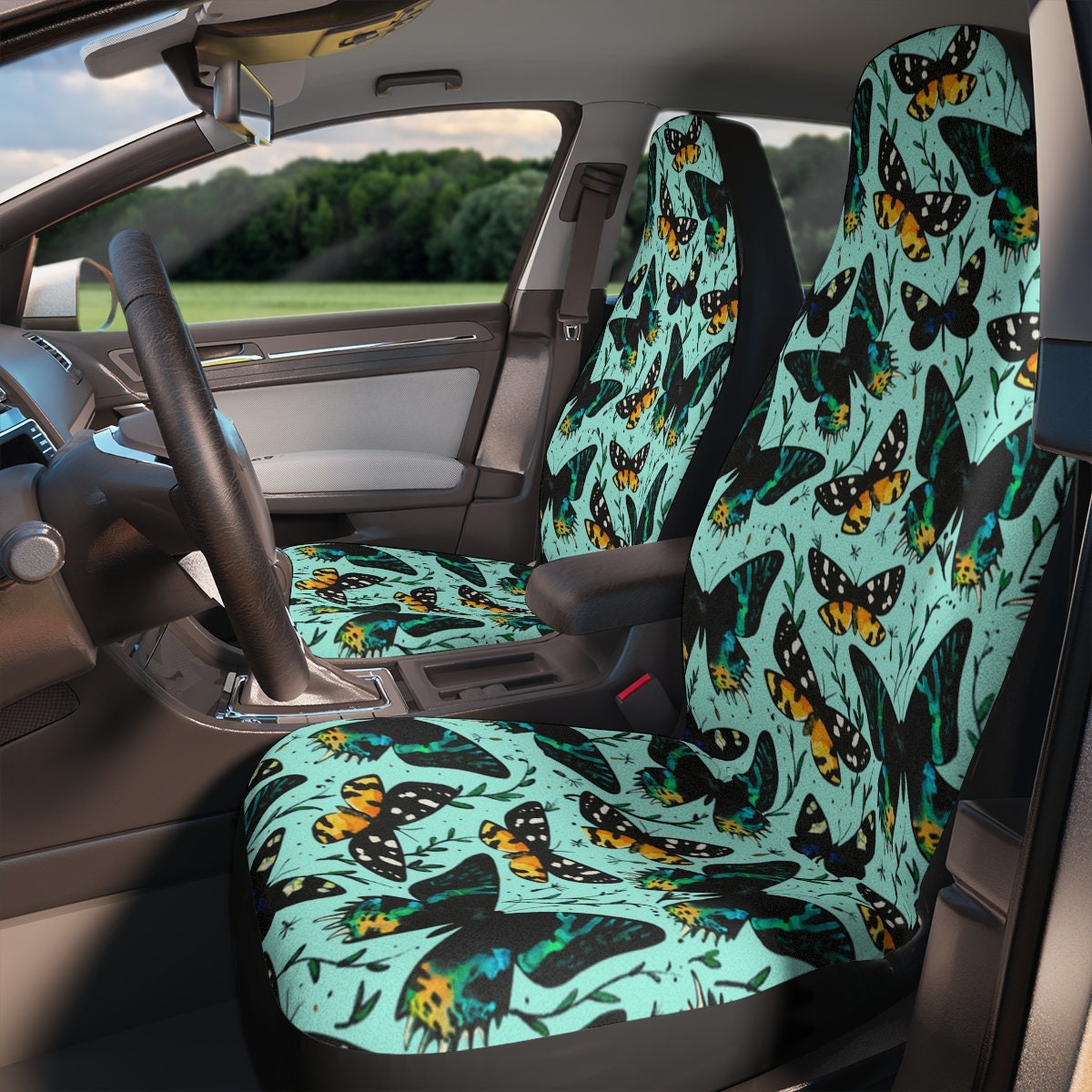 Sage Green Seat Covers for Cars, Boho Car Seat Cover, Hippie Car Accessories for Women, Floral Butterfly Universal Vehicle Seat Protector