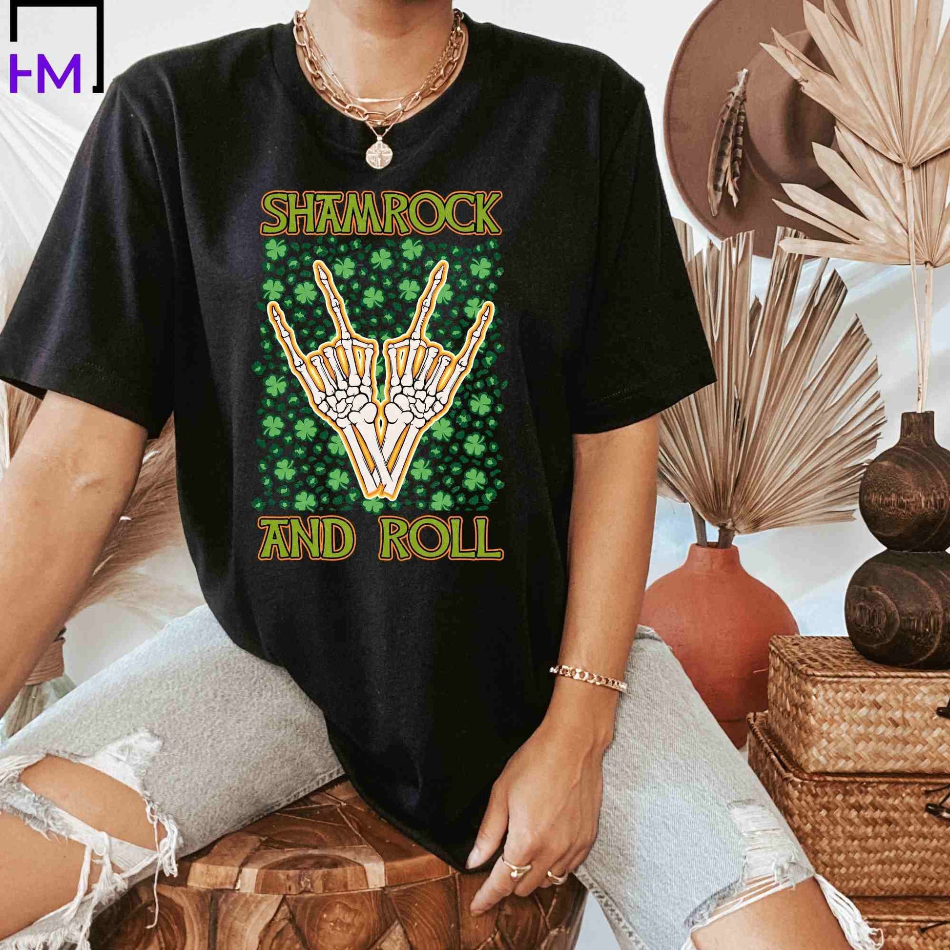 Shamrock and Roll Skeleton Hands St. Patrick's Day Shirt, Happy St. Patrick's Day Shirt, Skeleton Shamrock Lucky Clover Shirt