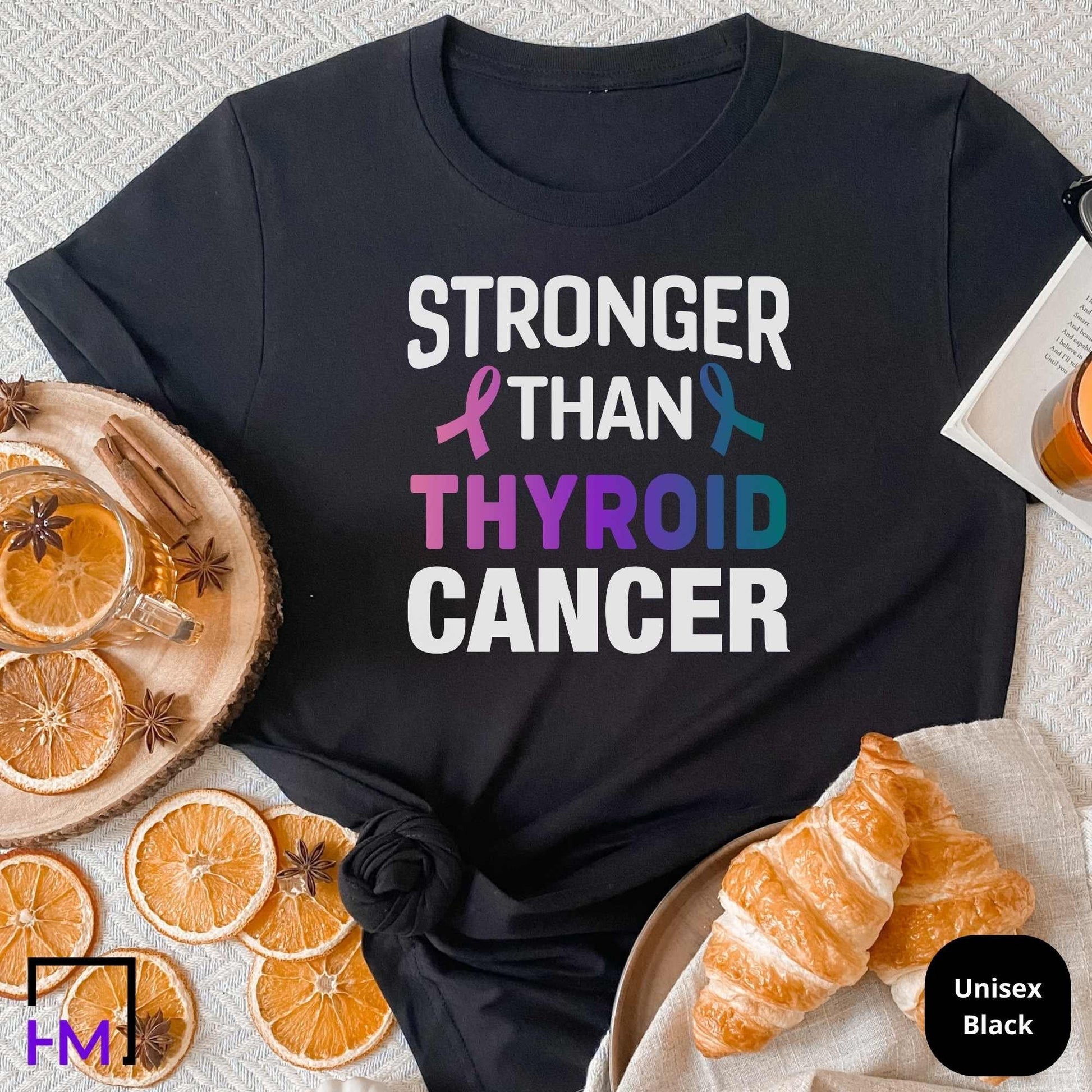 Stronger than Thyroid Cancer Shirt, Womens Cancer Fighter Tops, Survivor Gift for Her, Purple Teal Pink Ribbon, Thyroid Cancer Awareness