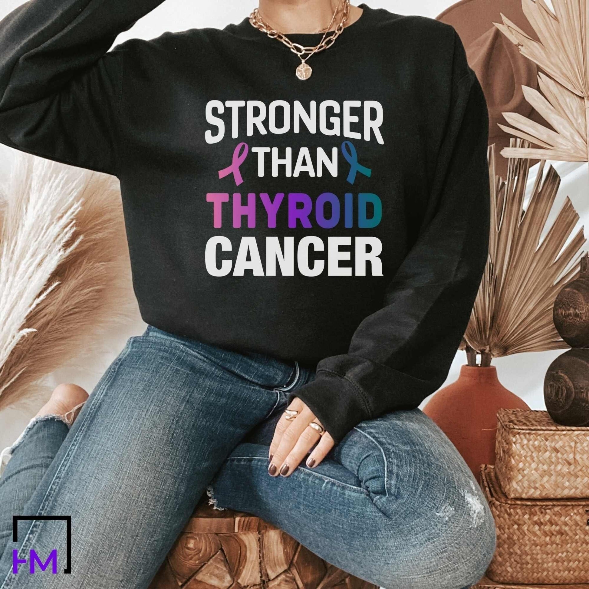 Stronger than Thyroid Cancer Shirt, Womens Cancer Fighter Tops, Survivor Gift for Her, Purple Teal Pink Ribbon, Thyroid Cancer Awareness