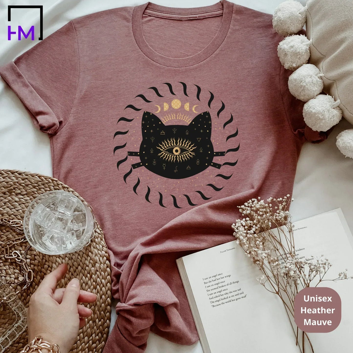 Sun and Moon Shirt, Celestial Cat, Boho Gifts for Women, Mystical Bohemian Sweater, Astronomy Lover Tee, Third Eye Top, Tarot Cards Clothing HMDesignStudioUS
