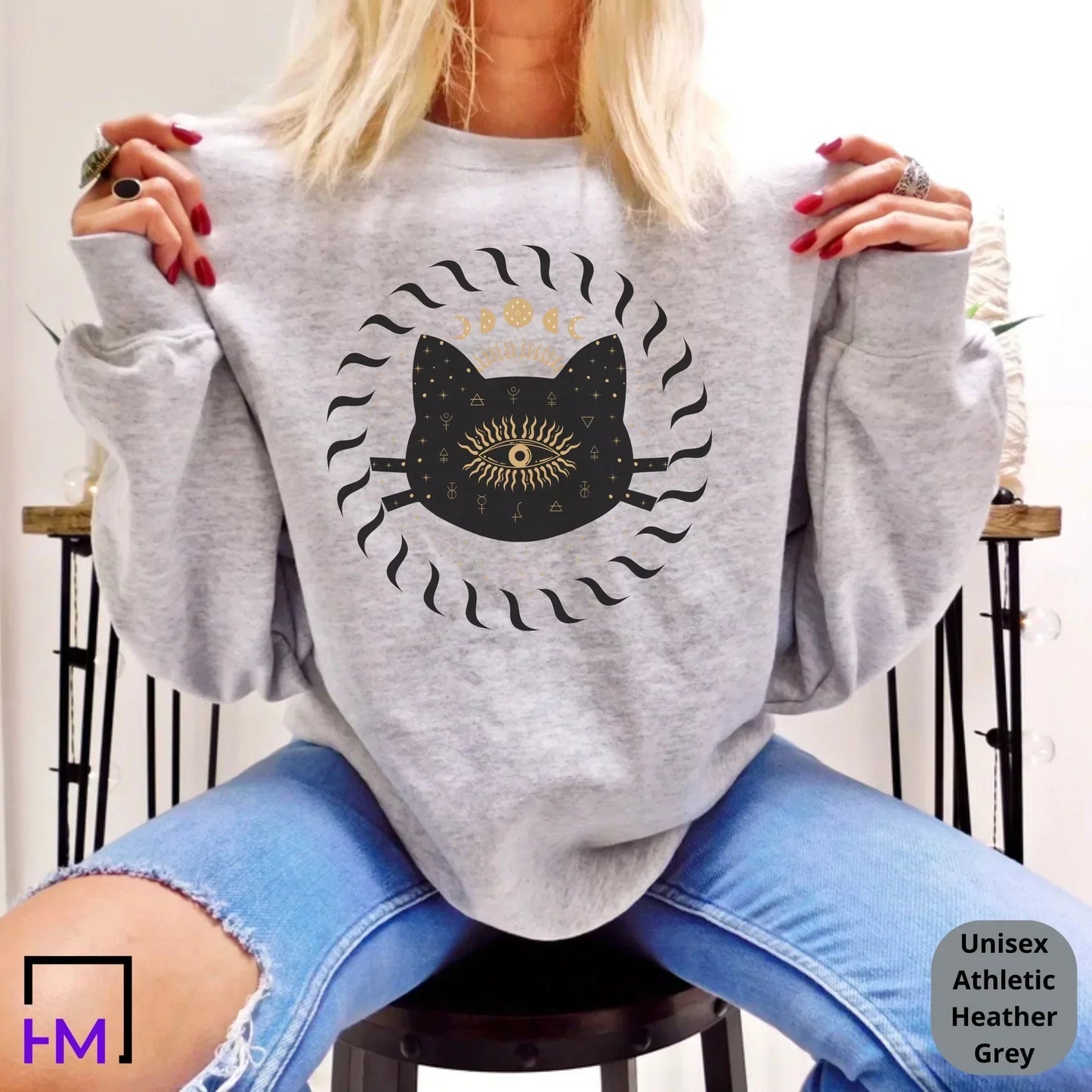 Sun and Moon Shirt, Celestial Cat, Boho Gifts for Women, Mystical Bohemian Sweater, Astronomy Lover Tee, Third Eye Top, Tarot Cards Clothing