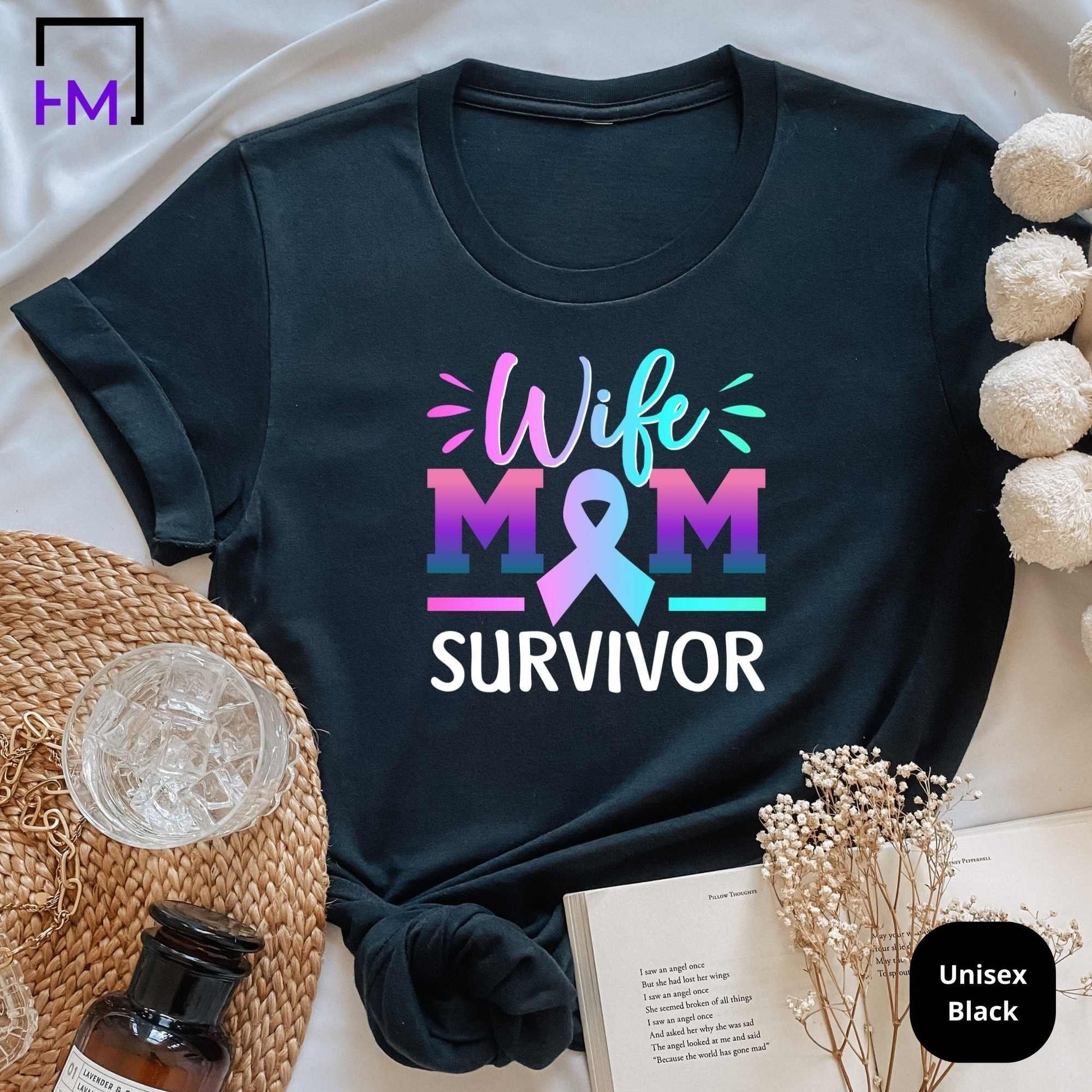 Thyroid Cancer Shirt, Mom Cancer Fighter Tops, Survivor Gift for Wife, Purple Teal Pink Ribbon, Thyroid Cancer Awareness Gift for Her