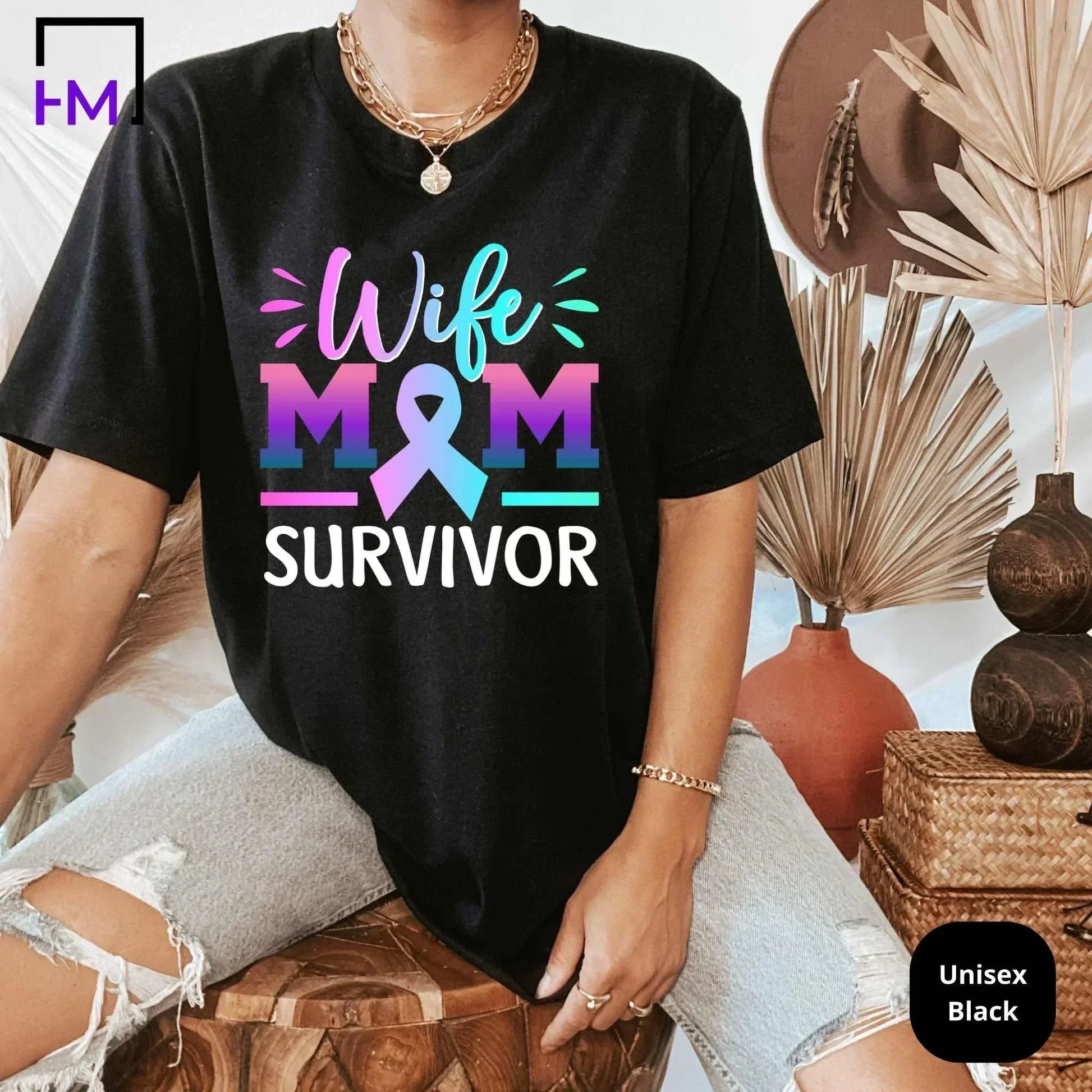 Thyroid Cancer Shirt, Mom Cancer Fighter Tops, Survivor Gift for Wife, Purple Teal Pink Ribbon, Thyroid Cancer Awareness Gift for Her