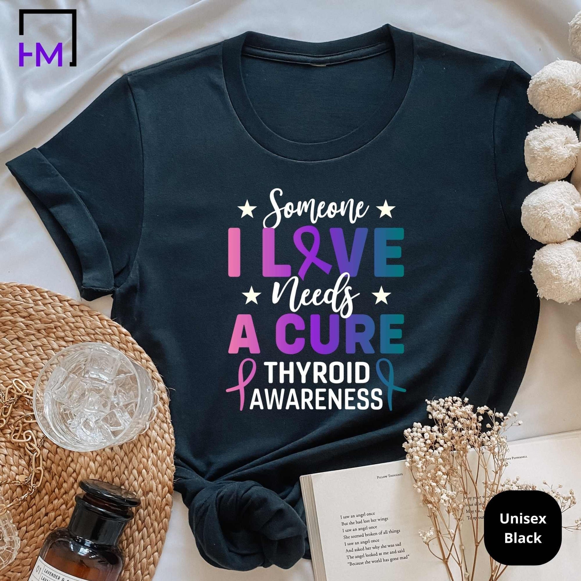 Thyroid Cancer Support Shirt, Womens Cancer Fighter Tops & Tees, Survivor Gift for Her, Purple Teal Pink Ribbon, Thyroid Cancer Awareness
