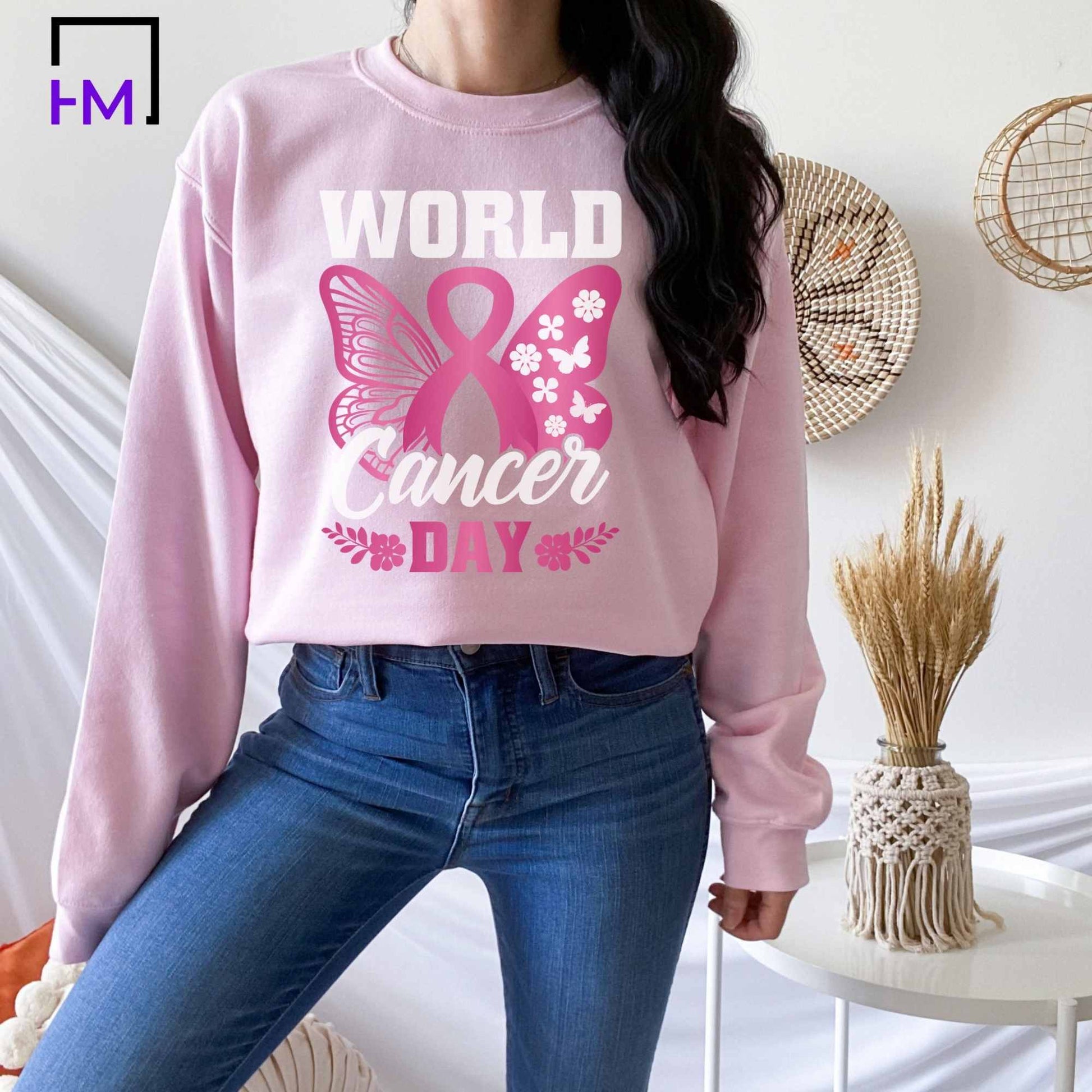 World Cancer Day Shirt, Breast Cancer Shirt, Never Give Up, Cancer Survivor Gifts, Stronger than Cancer Sweatshirt, Messy Bun Awareness Month, Pink Ribbon Hoodie HMDesignStudioUS