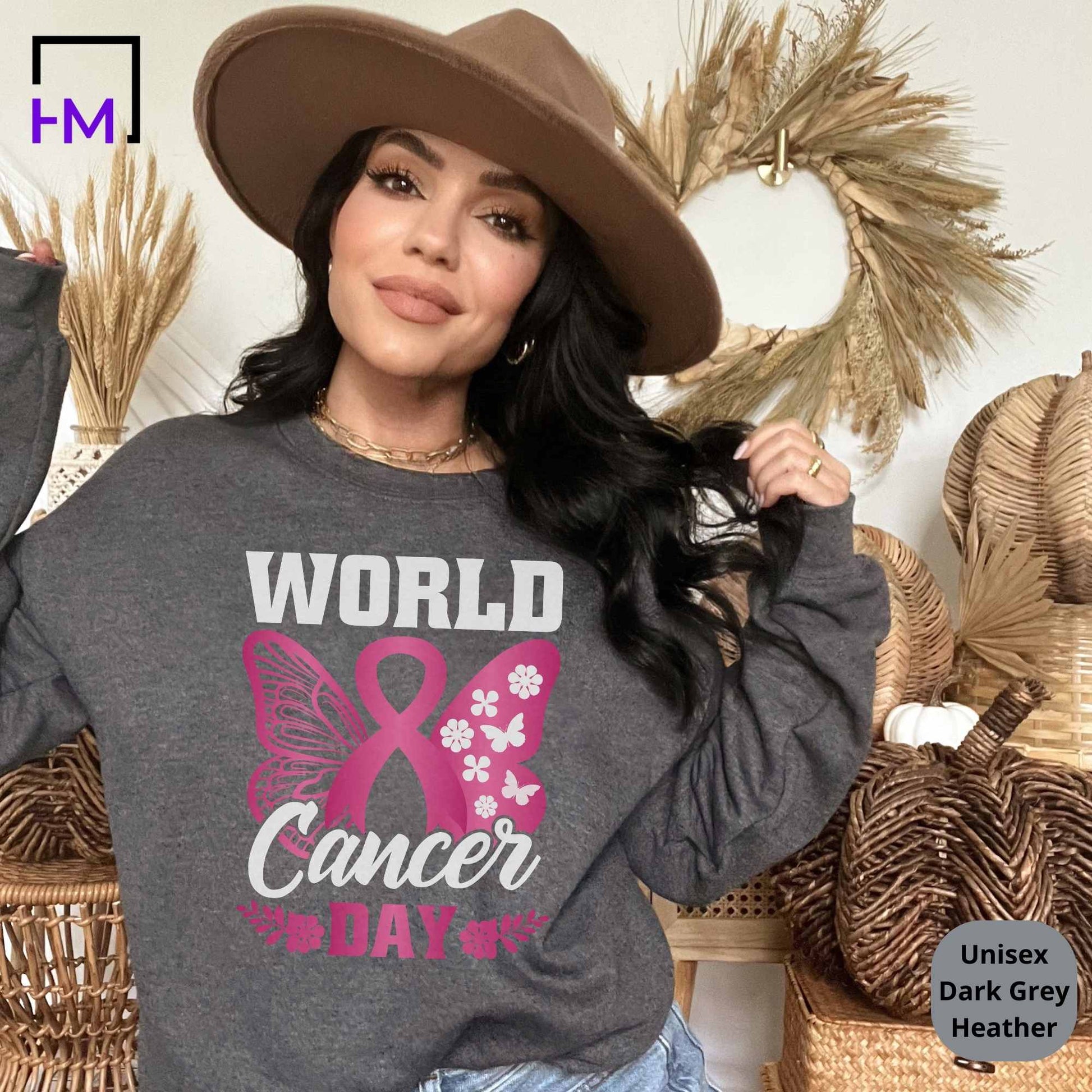 World Cancer Day Shirt, Breast Cancer Shirt, Never Give Up, Cancer Survivor Gifts, Stronger than Cancer Sweatshirt, Messy Bun Awareness Month, Pink Ribbon Hoodie